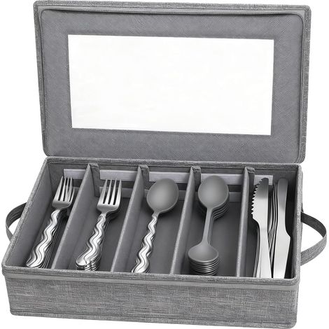 Cutlery Tray with Lid for Drawers Cutlery Storage Box Cutlery Organizer Adjustable Cutlery Tray for Kitchen Utensils and Table Grey 42×33×15cm (1/5)