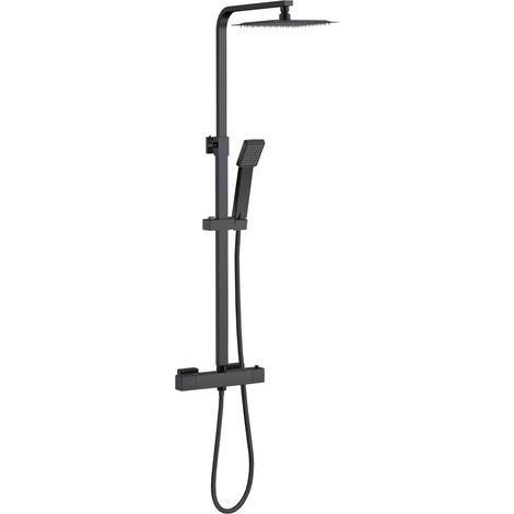 Colonne de douche thermostatique avec pomme de tête, douchette et flexible,noir mat, Carré, hauteur réglable 73-115cm, AICA (1/5)