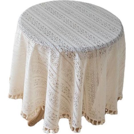 Napperons en dentelle blanche au crochet - Nappe lavable en polyester jacquard pour fête (blanc, rond, 130 cm) (1/5)