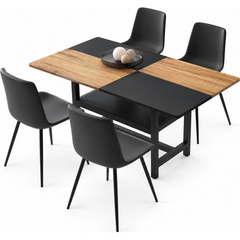 ELVMI Esstisch-Set, 1 Tisch und 4 Stühle, Integrierte Ablage, MDF, Metall und PU, Braun und Schwarz (1/5)