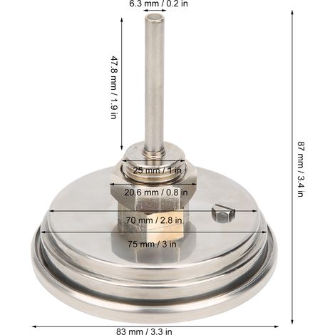 Thermomètre à aiguille réglable TS-BX54 de 7,6 cm (3 pouces), filetage NPT 1/2", plage de mesure 50 à 550 °F, en acier inoxydable, pour four et gril. (1/4)