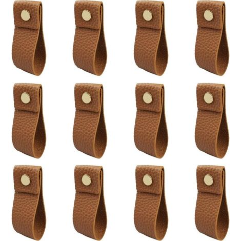 CSPARKV 12 Pièces Poignee Cuir Marron PU Poignée de Tiroir en Cuir Poignées de Placard avec Vis Accessoires pour Meubles, Cuisine, Salle Bain Armoires Cabinet, Garde-Robe Commode,