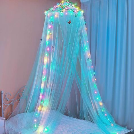 Kit di zanzariera a cupola LED per camera da letto - Tenda da letto in stile bohémien senza installazione - Fogliame (60x250 cm) - Blu (1/5)