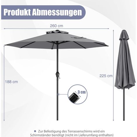 Sonnenschirm für Terrasse, 250 cm Durchmesser, mit Kurbel, 8 Streben, Grau