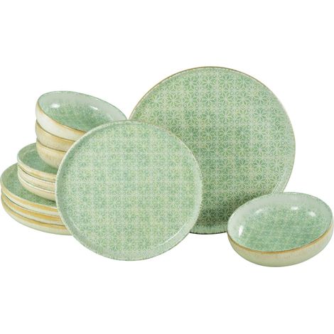 Série Uno Emiliana Vert, service de vaisselle 12 pièces, ensemble d’assiettes en grès, compatible lave-vaisselle et micro-ondes. (1/5)