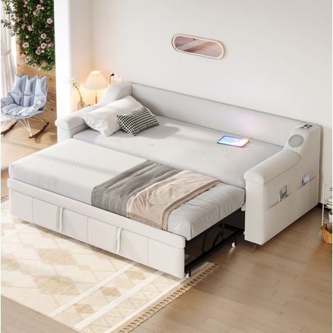Sofá cama 90/180x190 cm con Bluetooth, USB y almacenaje, terciopelo beige HAVRYA (1/5)