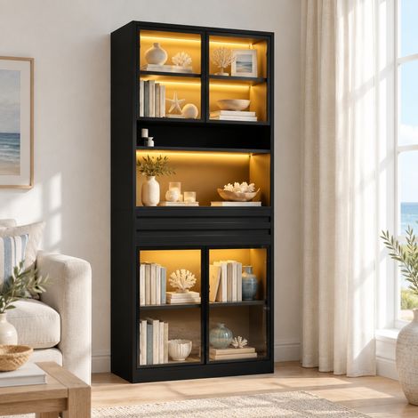 Vitrina alta con LED RGB, 4 puertas de vidrio y cajón, 80 x 35 x 200 cm, mueble expositor de MDF negro con control por app para salón moderno  CHICFURN (1/5)