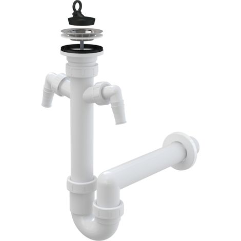 Sifón tubular para fregadero con 2 conexiones, colador de acero inoxidable DN70 (1/3)