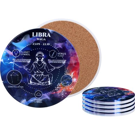Set di 4 sottobicchieri in ceramica con segni zodiacali Bilancia, tazza, piatto. (1/5)