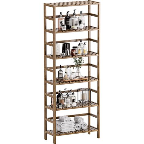 Bibliotheque 6 Niveaux, Etagere Salle de Bain Rangement Bambou avec Étagères Réglables, Support de Plantes Gain de Place, pour Salon, Bureau, Cuisine, Noyer (1/5)