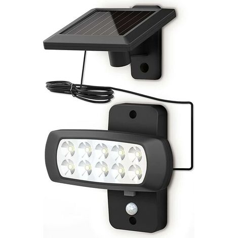 Lámpara LED solar para exteriores IP44, sensor de movimiento PIR, color negro, resistente a salpicaduras, luz blanca fría de 6500k.