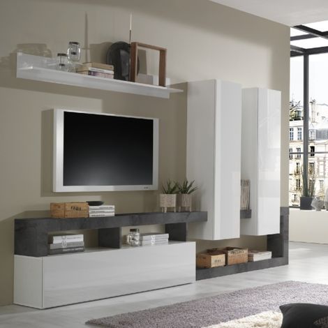 Ensemble tv mural laqué blanc et gris anthracite 280cm GAMA (1/5)