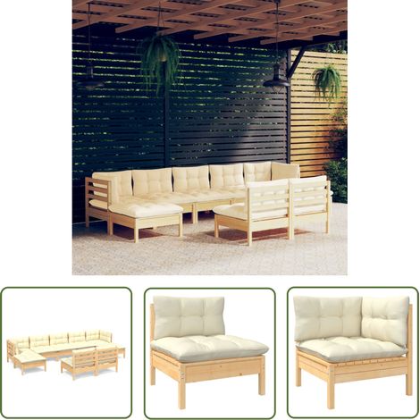 Salon de jardin 9 pcs,Mobilier de terrasse,Table et Chaise pour Relax avec coussins crème Bois de pin -YZ184903 (1/5)