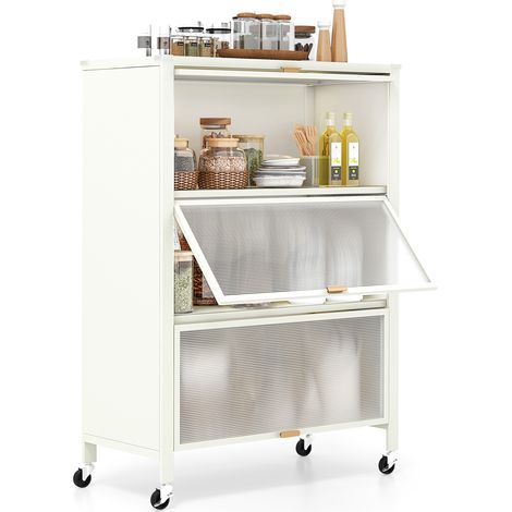 Étagère de Cuisine à 4 Niveaux avec Portes Rabattables, Support de Micro-ondes en Métal sur Roulettes Universelles Verrouillables, Blanc (1/5)