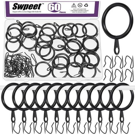 60Pcs 25mm/1" Diamètre intérieur Bague de Rideau en métal Noir avec Pin-on Drapery Crochets Kit d'assortiment, Drape Coulissant Eyelet Bague métal, pour Rideau de Douche de Porte de fenêtre (1/5)
