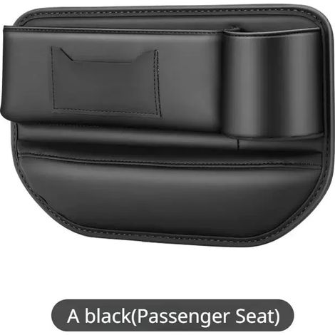 Sac de rangement multifonction noir (côté passager) pour combler l'espace entre les sièges de voiture, avec porte-gobelet et téléphone, en cuir PU, pour organiser les recoins de l'habitacle. (1/5)