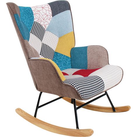 Fauteuil à bascule rembourré avec accoudoirs, fauteuil relax intérieur à bascule, fauteuil en bois et métal avec revêtement multicolore 96 x 66 x 90 cm (1/5)