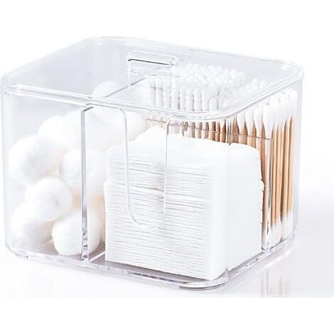Transparente Kunststoff-Aufbewahrungsbox für Wattebäusche und Wattestäbchen mit Deckel und Baumwollspender. (1/5)