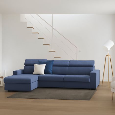 Talamo Italia Sofá fijo Viviana, Sofá de esquina, 100% Made in Italy, Sofá de salón con chaise longue, en tela acolchada - Península contenedor izquierda, con reposabrazos estándar, Cm 280x95h85, Azul (1/5)