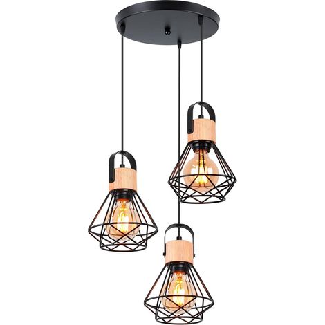 3 Lampes Suspension Luminaire Industrielle, 16CM Vintage Lustre Suspension en Fer et Bois Rétro Cage Design Noir E27 Plafonnier pour Salon Chambre Cuisine Salle à Manger (Type Assiette) (1/5)