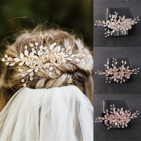 rosa/silber f Kristall-Haarschmuck mit Blumen und Blättern für die Braut (1/4)