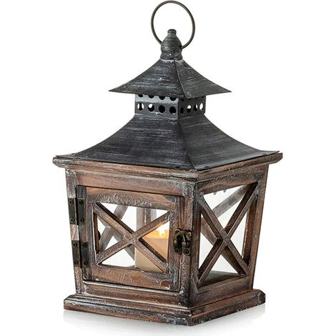 Lanterne Bois Et Métal - 1 Unité - Style Rustique - Pour Bougies Votives - Intérieur Et Extérieur - 27cm (1/5)