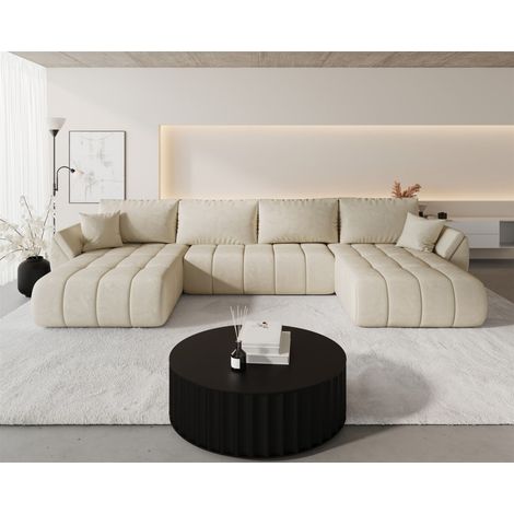 Wohnlandschaft Sofa mit Schlaffunktion MISATO Stoff Monolith Creme