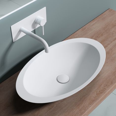doporro® Lavabo sobre encimera 59,3x35,1x10,7cm diseño Colossum802 blanco mate para mueble o tocador, fabricado de mármol fundido (1/5)
