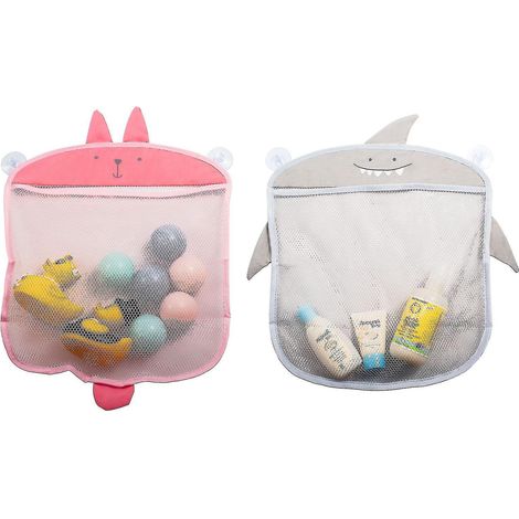 Set mit 2 Aufbewahrungsboxen für Kinderbadespielzeug, hängende Netztaschen für Badewanne und Dusche, grau und rosa. (1/5)