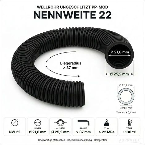 10m PP Wellrohr ungeschlitzt NW 22 Schwarz Innen-Ø 21,8 mm UV- & hitzebeständig (1/5)