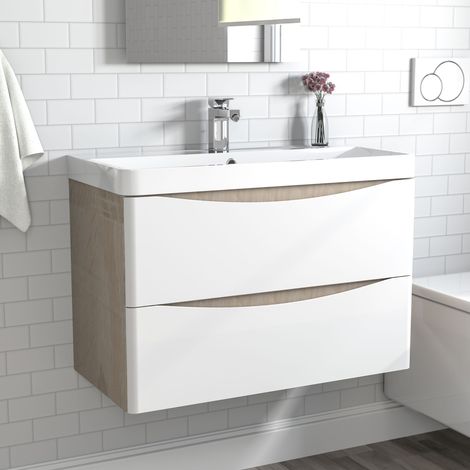 Waschtisch mit Unterschrank Waschbeckenunterschrank Badmöbel 80cm Weiß + Eiche mit Waschbecken
