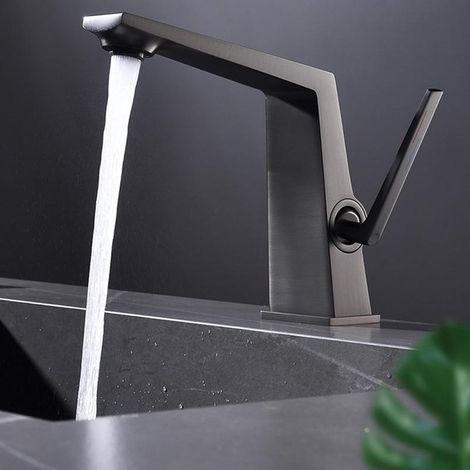 Mitigeur lavabo gris 1 trou mono commande, robinet moderne eau chaude froide salle de bain (1/4)