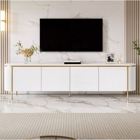 Mueble TV blanco de MDF con 6 puertas, pasacables y patas de hierro 180 x 38 x 46 cm OKWISH (1/5)
