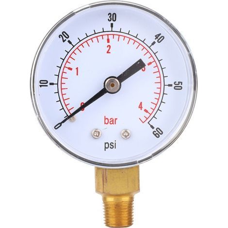 Manomètre 50 mm. cadran 1/8 BSPT. connexion inférieure pour air. eau. huile. gaz (0-60 psi. 0-4 bar) (1/5)