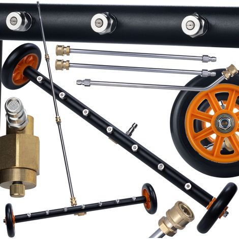 Lanza de Lavado de Chasis JetRoller Pro 7X – 7 Boquillas Acero Inox Conector Rápido 1/4" Ancho 57 cm Ruedas De Goma Ajuste 0°/+90°/-90° (1/5)