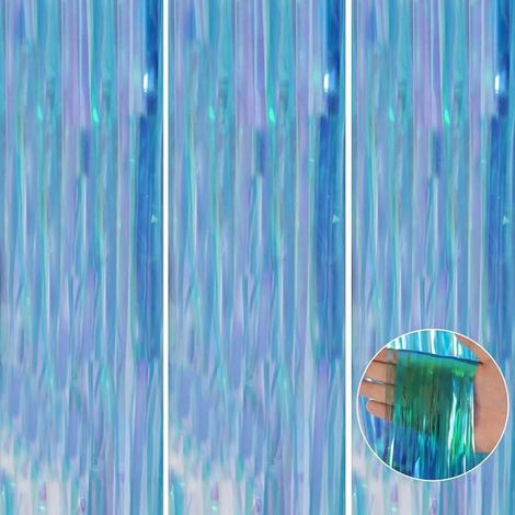 3 pièces Rideau Métallique Frange Holographique Bleu, 1mx2m Scintillants Foil Rideau Shimmer Holographique Bleu RIDEAU (1/5)