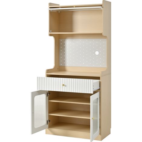 Aparador alto con estantes regulables, cajones y LED, acabado madera natural y blanco (1/5)