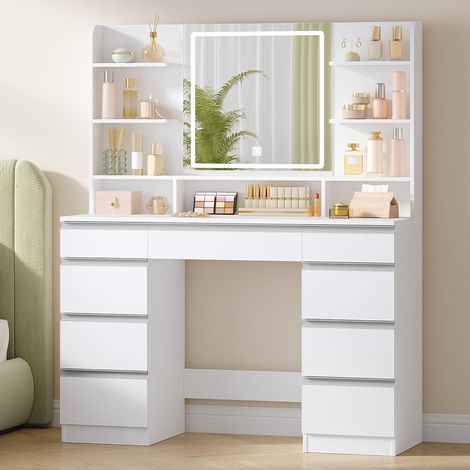 Toeletta da Trucco Grande con Illuminazione a LED, 3 Colori, Luminosità Regolabile, Tavolo da Trucco con Specchio, 9 Cassetti, 9 Ripiani Aperti, Stile Moderno, Bianco-Argento