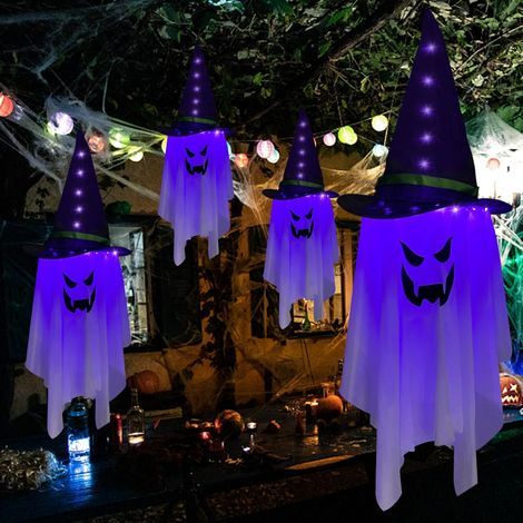 Décorations d'Halloween à suspendre fantôme lumineux fantôme volant faucheuse crâne chaînes fantôme lumineux fantôme blanc chapeau de magicien (1/4)