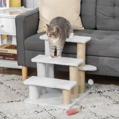Escalier pour chat 3 marches avec poteaux griffoirs et balle, bois, blanc, 45 x 40 x 48 cm (1/5)