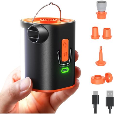 Mini-Luftmatratzenpumpe mit Campinglampe, wiederaufladbarer 4,8-kPa-Luftmatratzenaufbläser mit 3600-mAh-Akku, 6 Düsen für Luftkissen, Schwimmringe und Vakuumbeutel