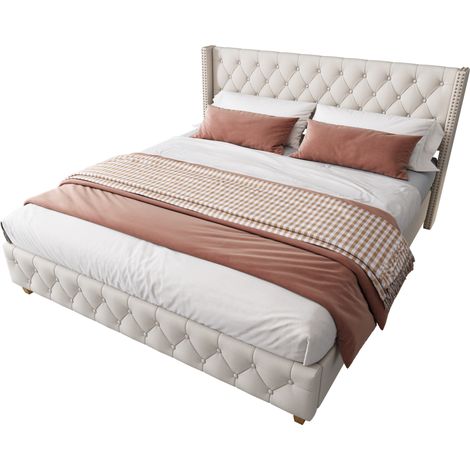 Letto imbottito beige 180x200 cm con rete a doghe e testiera in lino (1/5)