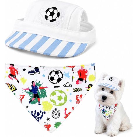 1 Chapeau de Soleil pour Animal + 1 Bavoir Football – Bleu, Ajustable, Respirant, avec Trous pour Oreilles, pour Chats, Petits Chiens, Été, Promenade (1/5)