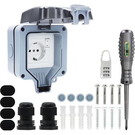 Prise extérieure étanche IP66 1 compartiment avec interrupteur, prise murale pour pièces humides, contact de protection, prise de jardin, étanche à la poussière et aux intempéries, avec couvercle à (1/5)