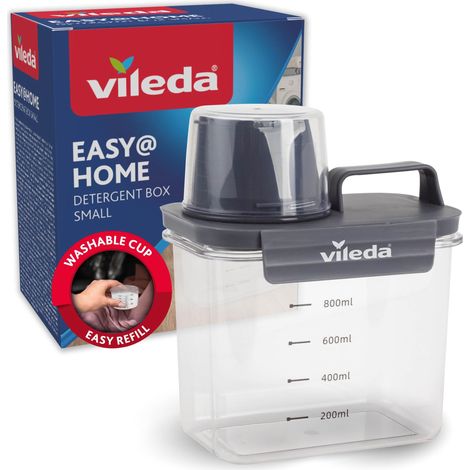 Boîte à lessive 1100 ml grise avec verre doseur - Distributeur de rangement hermétique pour lessive en poudre - Récipient compact pour buanderie (1/5)