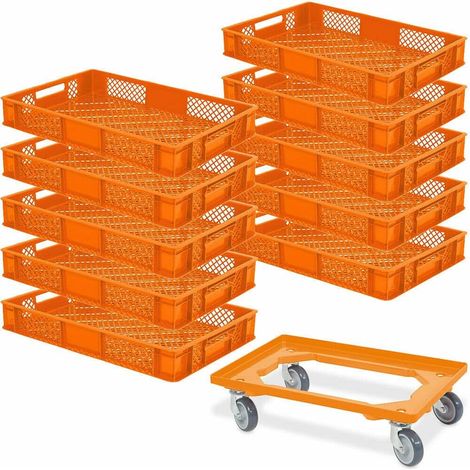 BRB 10 Eurobehälter, LxBxH 600x400x90 mm, Industriequalität, lebensmittelecht + 1 Transportroller (orange/orange)