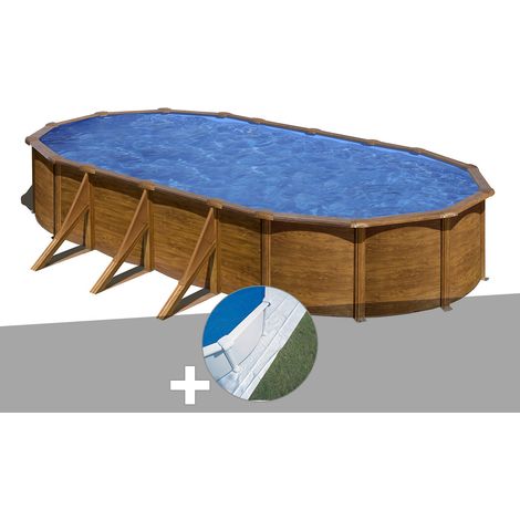 GRE – Piscine hors sol acier aspect bois ovale 7,44 x 3,99 x 1,22 m – Volume 25,3 m³ – Filtration à sable 4 m³/h – Échelle de sécurité incluse