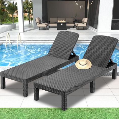 Set di 2 lettini prendisole - Chaise Longue - Lettini prendisole in resina effetto vimini - Schienale regolabile - Nero