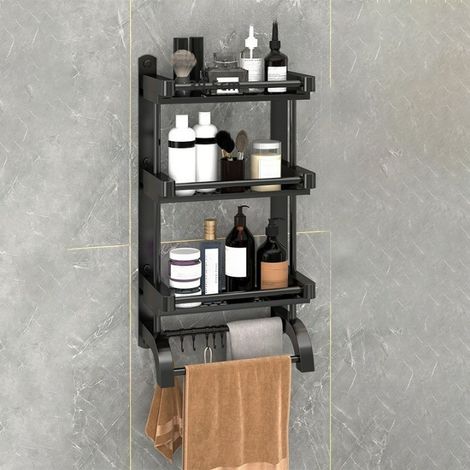 Étagère suspendue de salle de bain, étagère murale noire, Étagère de salle de bain triple de 40 cm, sans perçage (1/5)