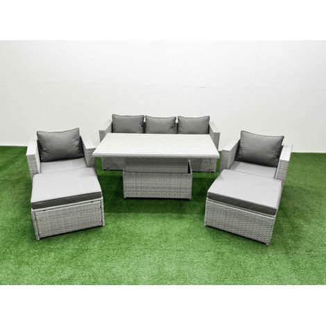 Fimous 6 PCs Rising Dining Table Set Rattan Furniture Set with 3 Seater Sofa Chair 2 Big Footstools Light Grey (1/5)